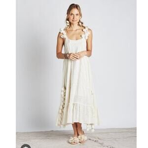 Z&L Boho Tassel Maxi Shift Dress Cream Cotton Medium Sleeveless Beachy Bohemian